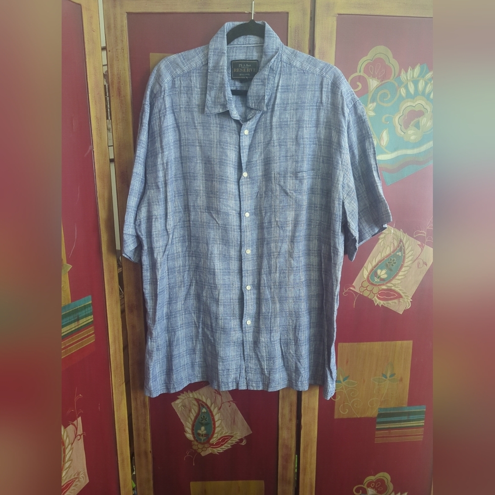 Jos A Bank Reserve Linen Button Up Shirt Men's Sz XXL Blue Plaid Short Sleeve